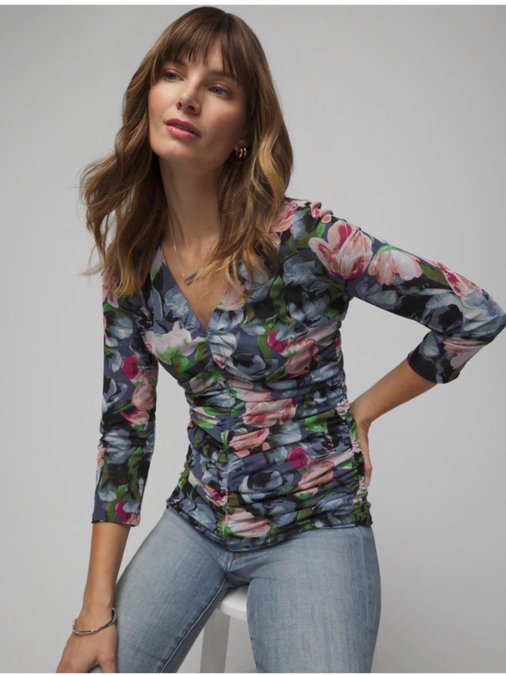 WHBM 3/4 Sleeve Reversible Mesh Ruched V-Neck Women's Top L Black Tulip
